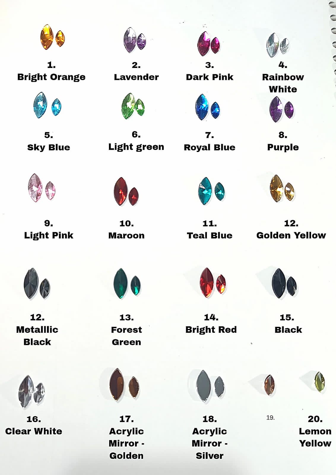 Premium Acrylic Flatback Rhinestone Combo (18 Colours, Marquise small 5x10mm)